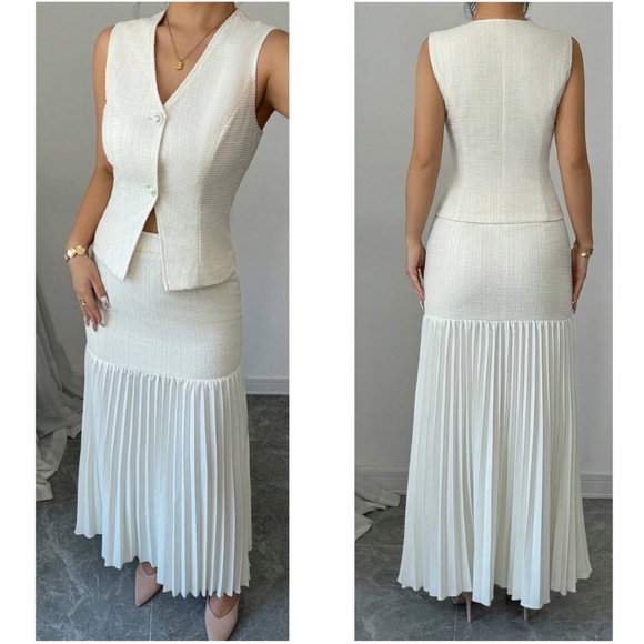 Classic Solid Botton Vest High Waisted Maxi Skirt Set - Picture 2 of 3